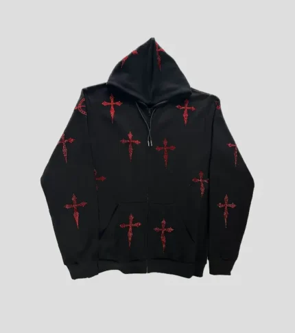 Red Rhinestone Daggers on OVERSIZED Black Zip Hoodie